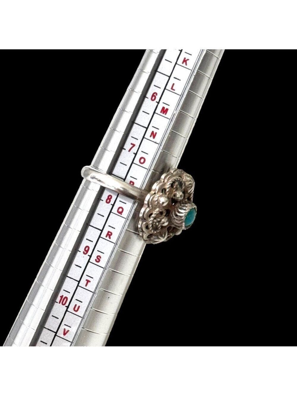 Antique Mexican Sterling Silver Filigree Flower Ring Turquoise Stone Sz 7.75 - Picture 4 of 10